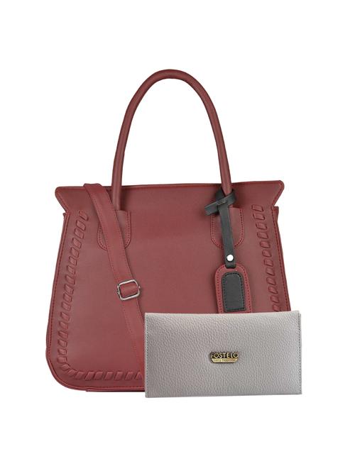 maroon leatherette (pu) handbag and wallet combo - 16052597 - Very Small Image - 1