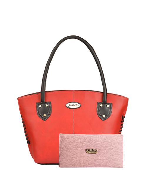 red leatherette (pu) handbag and wallet combo - 16052615 - Very Small Image - 1