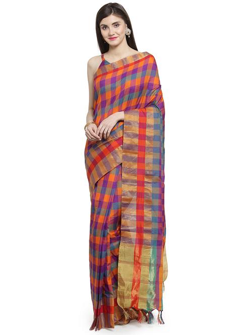 contrast checkered woven saree with blouse - 16054104 - Very Small Image - 1