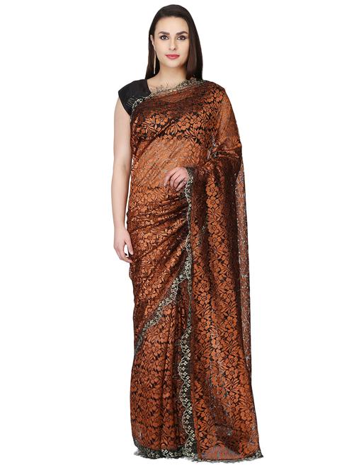 orange floral lace saree - 16054350 - Very Small Image - 1