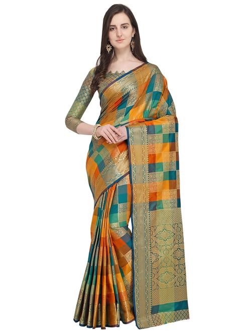 checkered zari motif banarasi saree with blouse - 16054761 - Very Small Image - 1