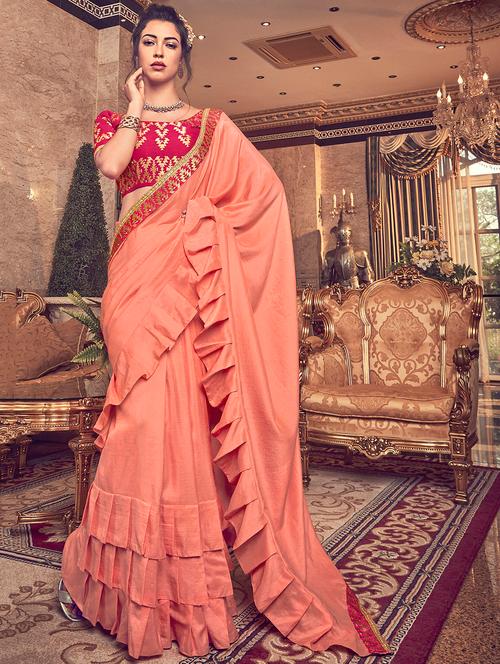 ruffle lace border fusion saree with blouse - 16054766 - Very Small Image - 1