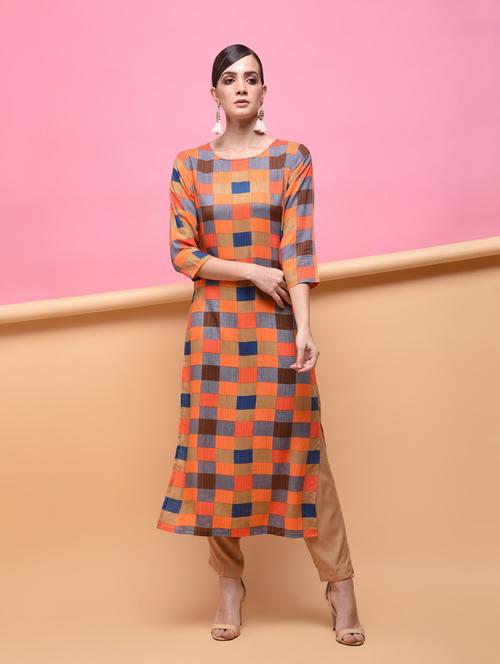 checkered straight kurta with pant set - 16055173 - Very Small Image - 1