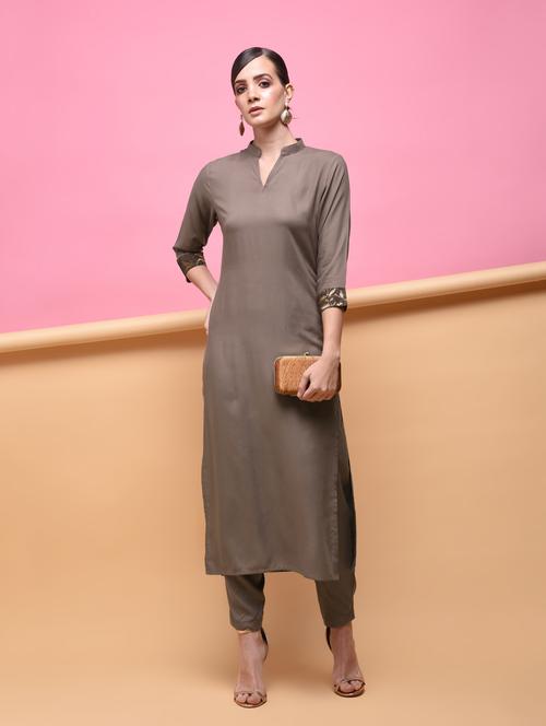 solid straight kurta with pant set - 16055179 - Very Small Image - 1