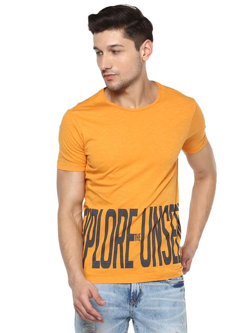 yellow typographic front print t-shirt - 16055685 - Very Small Image - 1
