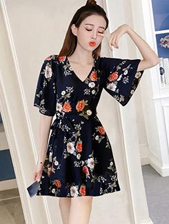 flared sleeved floral a-line dress - 16057020 - Very Small Image - 1