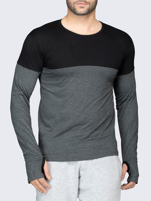 grey color block thumhole t-shirt - 16057076 - Very Small Image - 1