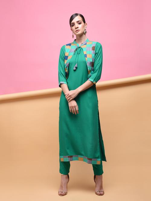solid kurta with printed jacket - 16057360 - Very Small Image - 1