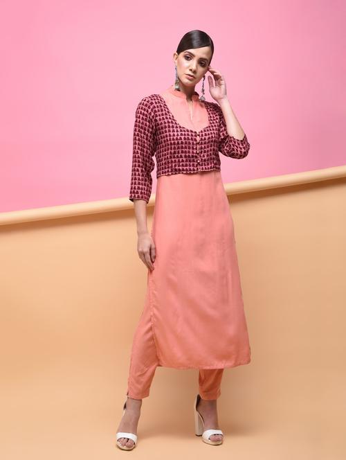 solid kurta with geometrical jacket - 16057363 - Very Small Image - 1