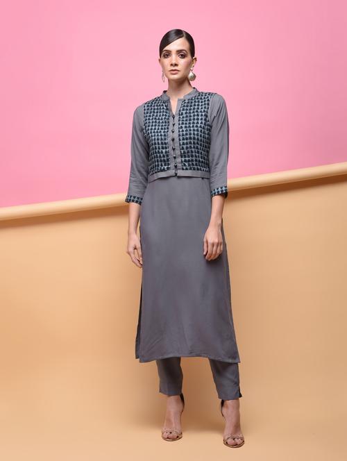 solid kurta with jacket - 16057364 - Very Small Image - 1