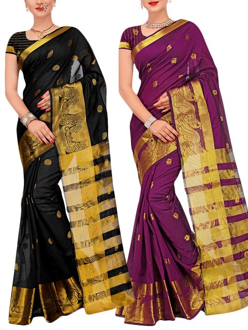 set of 2 multicolor banarasi saree combo with blouse - 16057811 - Very Small Image - 1