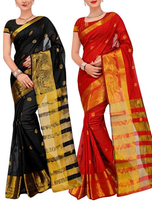 set of 2 multicolor banarasi saree combo with blouse - 16057812 - Very Small Image - 1