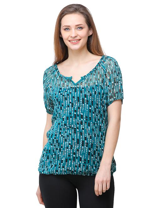 notch neck dot print blouson top - 16058204 - Very Small Image - 1