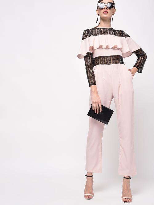 contrast lace ruffled full leg jumpsuit - 16059480 - Very Small Image - 1