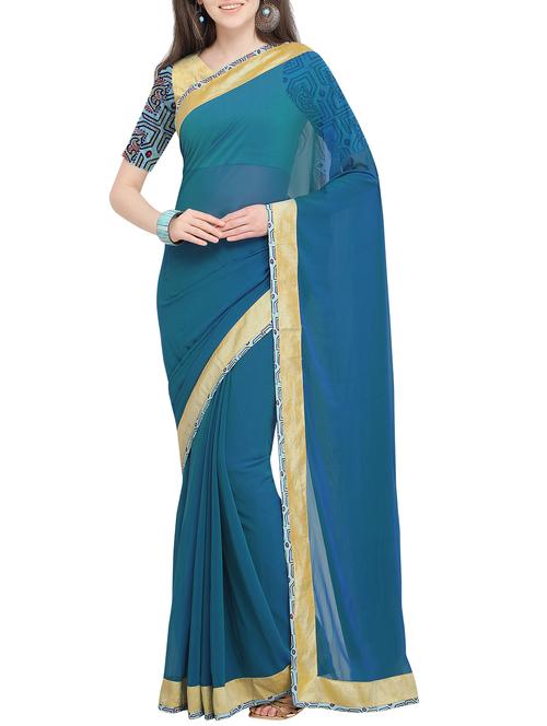 gold bordered plain saree with blouse - 16063474 - Very Small Image - 1