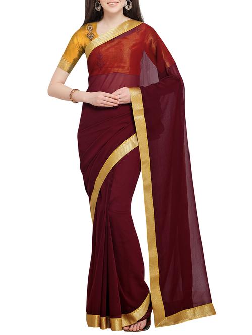 gold bordered plain saree with blouse - 16063478 - Very Small Image - 1