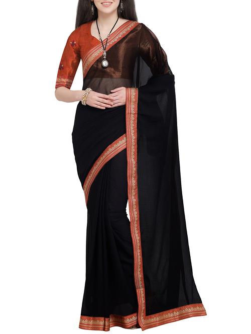 contrast bordered plain saree with blouse - 16063480 - Very Small Image - 1