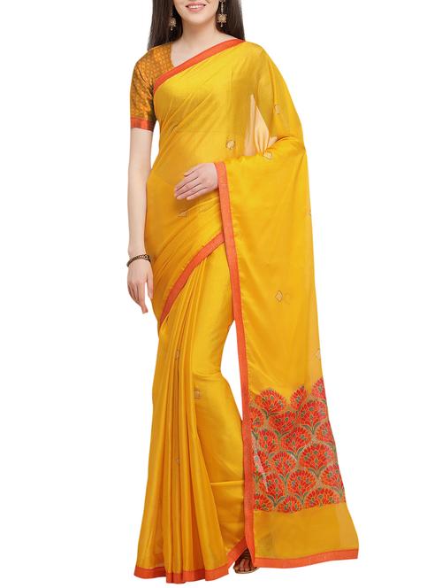 yellow foil printed saree with blouse - 16063503 - Very Small Image - 1