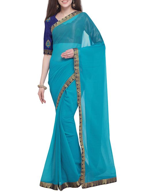 lace border sky blue saree with blouse - 16063519 - Very Small Image - 1