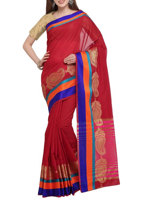paisley border red woven saree with blouse - 16063535 - Very Small Image - 1