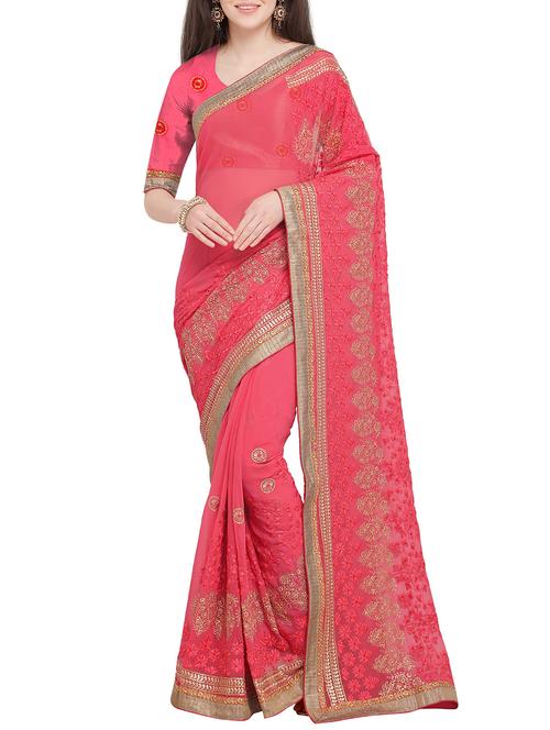 peach floral embroidered saree with blouse - 16063544 - Very Small Image - 1