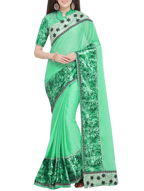 embroidered border green saree with blouse - 16063546 - Very Small Image - 1