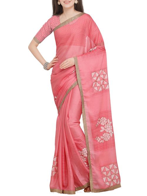 foil printed pink saree with blouse - 16063689 - Very Small Image - 1