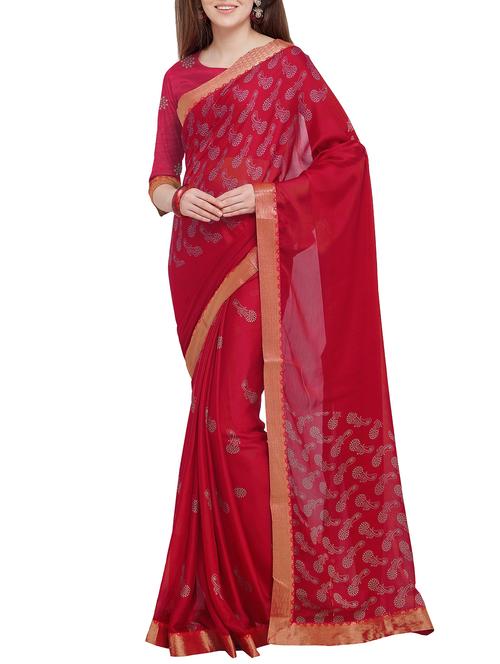 red paisley printed saree with blouse - 16063732 - Very Small Image - 1