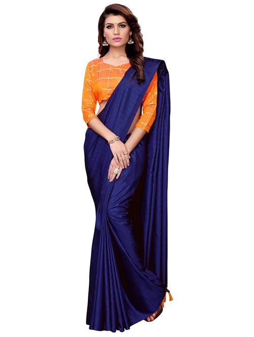 navy blue solid saree with tassels with blouse - 16063785 - Very Small Image - 1
