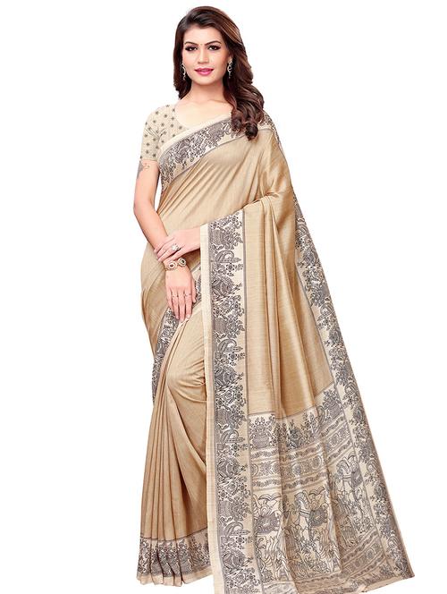 madhubani border beige saree with blouse - 16063794 - Very Small Image - 1