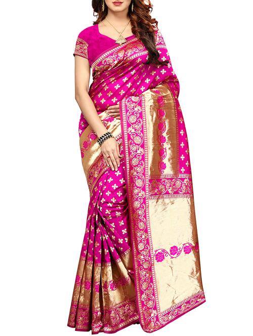 floral zari motif banarasi saree with blouse - 16064071 - Very Small Image - 1