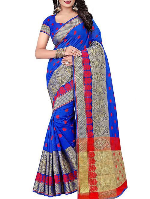 paisley motif blue woven saree with blouse - 16064143 - Very Small Image - 1