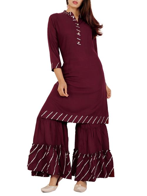 gota work solid kurta with ruffled palazzo set - 16065380 - Very Small Image - 1