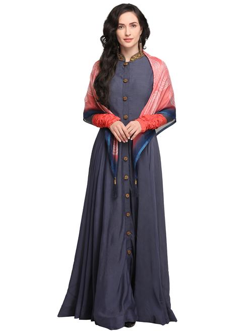 embroidery neck solid flared gown with printed scarf - 16065467 - Very Small Image - 1