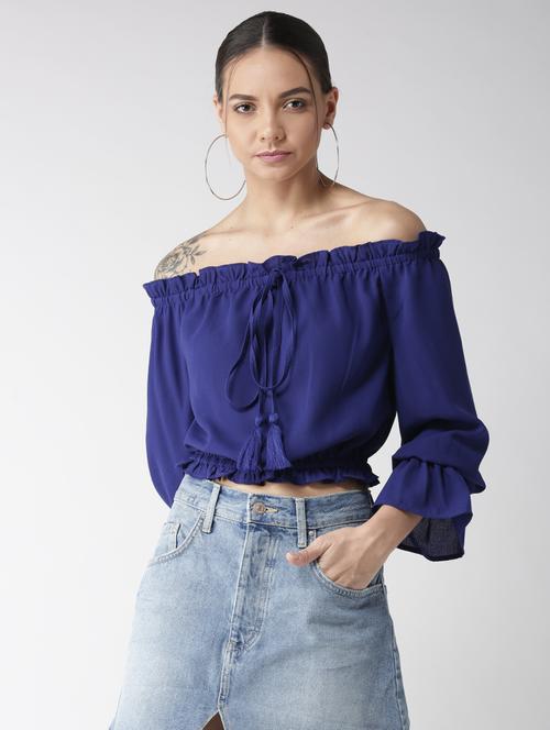 tassel tie-up off shoulder crop top - 16065576 - Very Small Image - 1