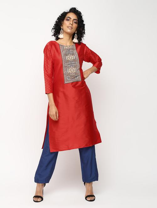 contrast yoke silk straight kurta - 16066999 - Very Small Image - 1