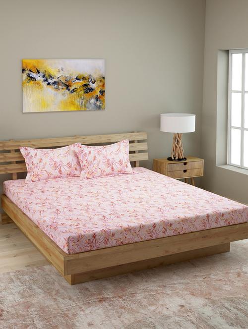 cotton floral printed queen size double bedsheet with 2 pillow covers 210tc, (90 inch x 100 inch) - multicolor - 16072365 - Very Small Image - 1