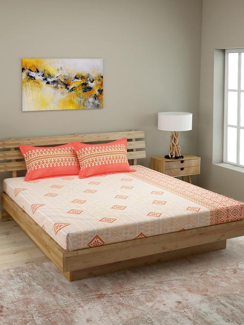 cotton ethnic motifs print queen size double bedsheet with 2 pillow covers 144tc - orange - 16072386 - Very Small Image - 1