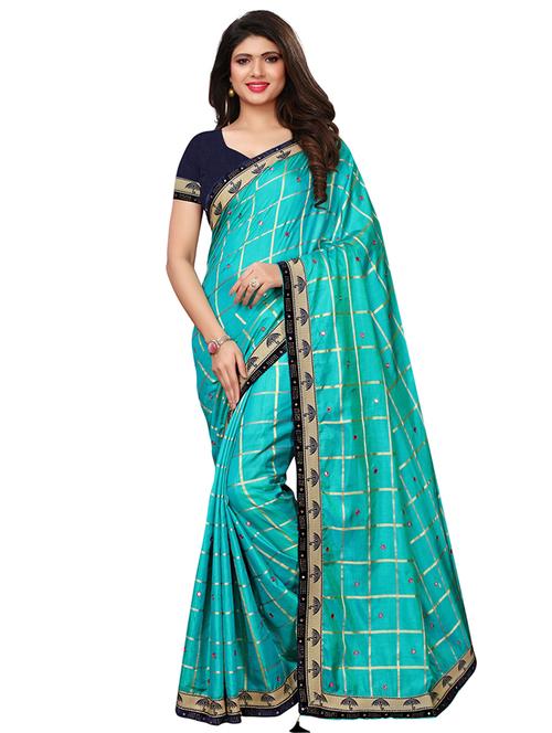 turquoise mirror work embroidered saree with blouse - 16072614 - Very Small Image - 1