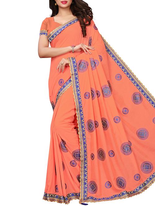 lace border peach embroidered saree with blouse - 16072624 - Very Small Image - 1