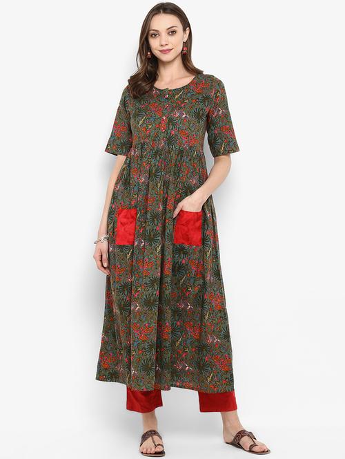 contrast patch pocket printed flared kurta - 16077669 - Very Small Image - 1