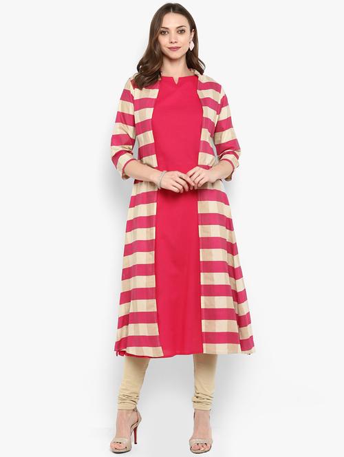 fuchsia kurta with stripes jacket - 16077683 - Very Small Image - 1