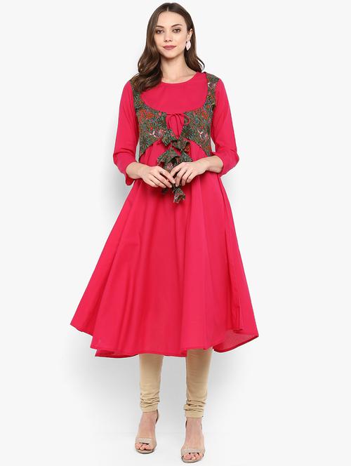 printed attched jacket with solid flared kurta - 16077684 - Very Small Image - 1