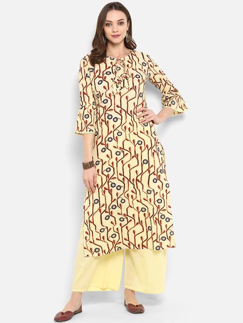 drawstring neckline printed kurta palazzo set - 16077717 - Very Small Image - 1