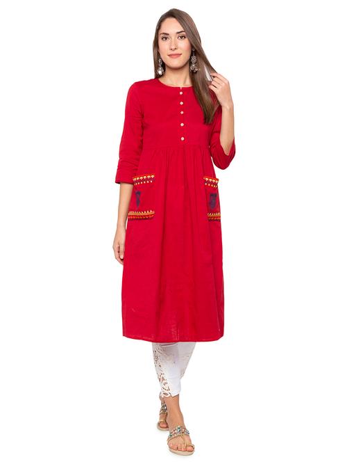 embroidered patch pocket flared kurta - 16077909 - Very Small Image - 1