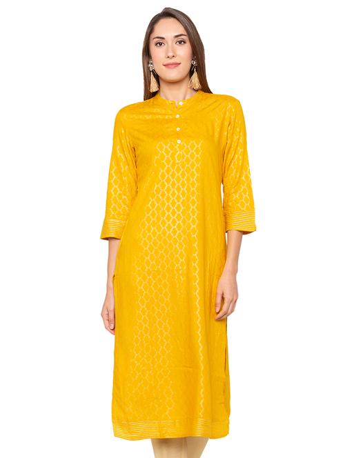 mustard foil printed straight kurta - 16077933 - Very Small Image - 1