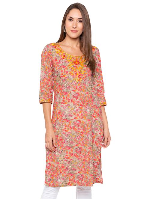 embroidered printed straight kurta - 16077941 - Very Small Image - 1