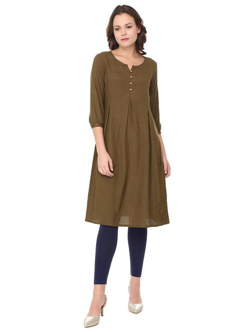 olive viscose a-line kurta - 16079788 - Very Small Image - 1