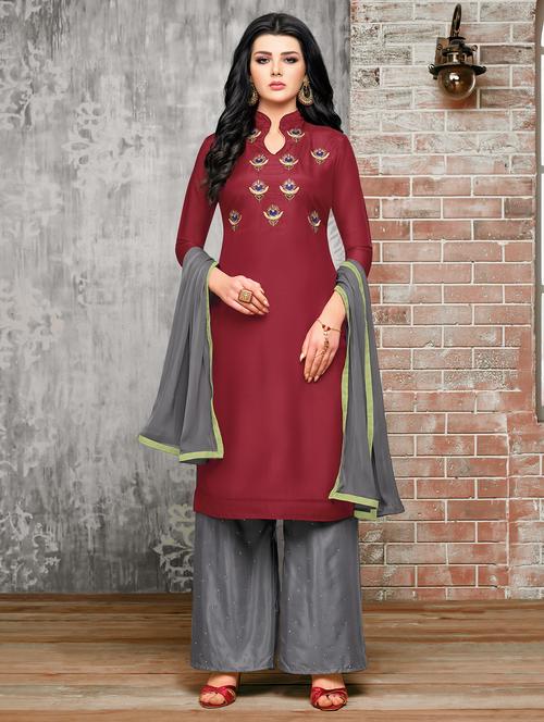 embroidered semi-stitched suit - 16080052 - Very Small Image - 1