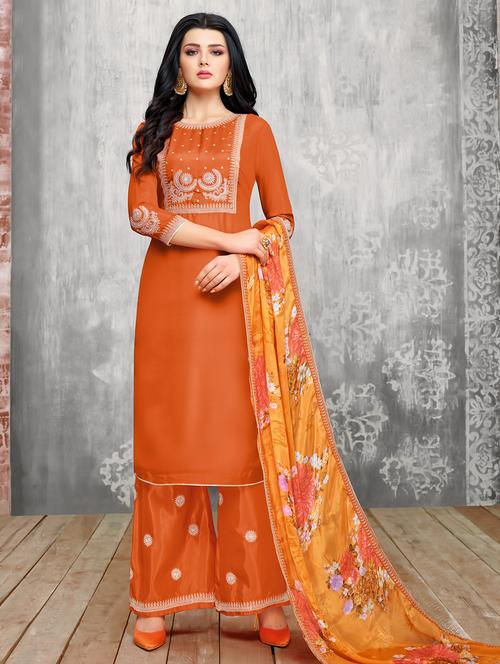 embroidered semi-stitched suit - 16080056 - Very Small Image - 1